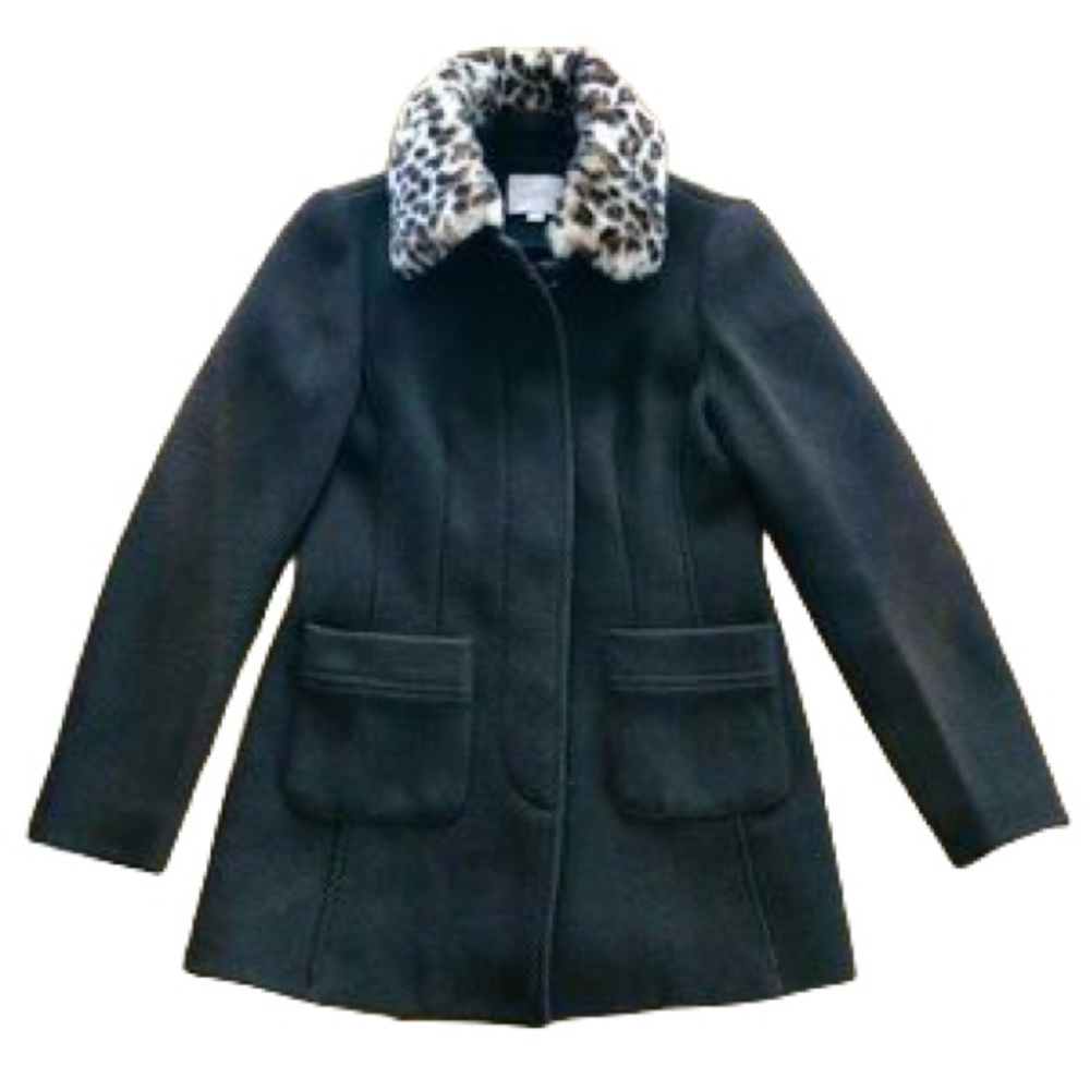 LOFT Black Pea Coat w/Detachable Faux Leopard Collar - Size 2 - Wool Blend